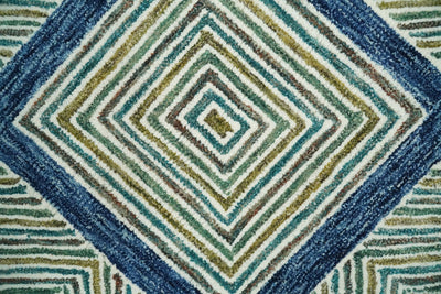 5x8 Hand Tufted Blue and Ivory Modern Geometric Blocks Wool Area Rug | TRDMA123 - The Rug Decor