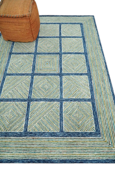 5x8 Hand Tufted Blue and Ivory Modern Geometric Blocks Wool Area Rug | TRDMA123 - The Rug Decor