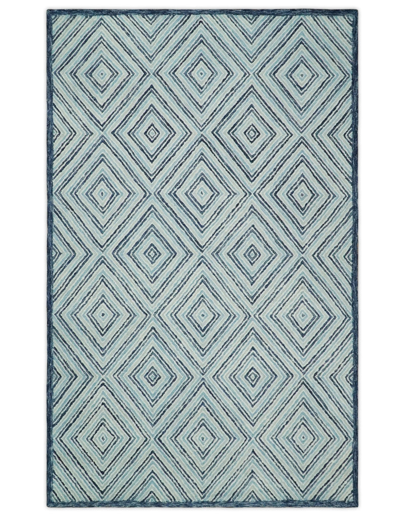 5x8 Hand Tufted Blue and Ivory Modern Geometric Diamond Wool Area Rug | TRDMA71 - The Rug Decor