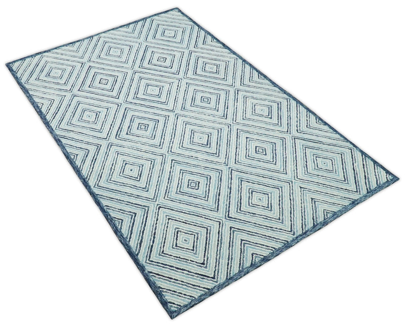 5x8 Hand Tufted Blue and Ivory Modern Geometric Diamond Wool Area Rug | TRDMA71 - The Rug Decor