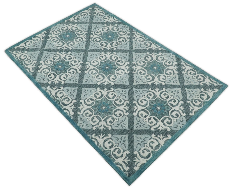 5x8 Hand Tufted Blue and Ivory Modern Geometric Moroccan Tiles Wool Area Rug | TRDMA93 - The Rug Decor