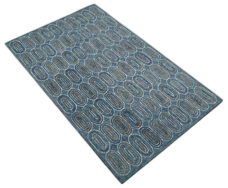 5x8 Hand Tufted Blue and White Modern Geometric Wool Kids Area Rug | TRDMA155 - The Rug Decor