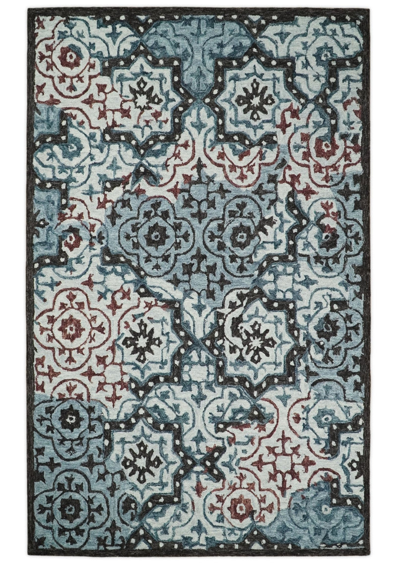 5x8 Hand Tufted Brown, Blue and Red Oriental Moroccan Tiles Design Wool Area Rug | TRDMA77 - The Rug Decor