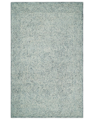 5x8 Hand Tufted Ivory and Blue Modern Geometrical Wool Area Rug | TRDMA108 - The Rug Decor