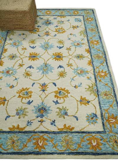 5x8 Hand Tufted Ivory and Blue Persian Style Antique Oriental Wool Area Rug | TRDMA102 - The Rug Decor