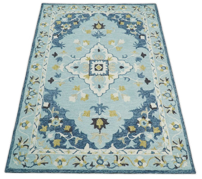 5x8 Hand Tufted Ivory and Blue Persian Style Antique Oriental Wool Area Rug | TRDMA111 - The Rug Decor