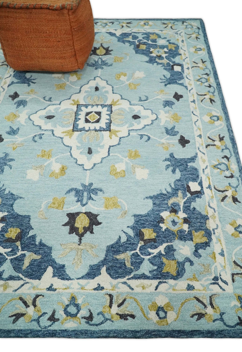 5x8 Hand Tufted Ivory and Blue Persian Style Antique Oriental Wool Area Rug | TRDMA111 - The Rug Decor