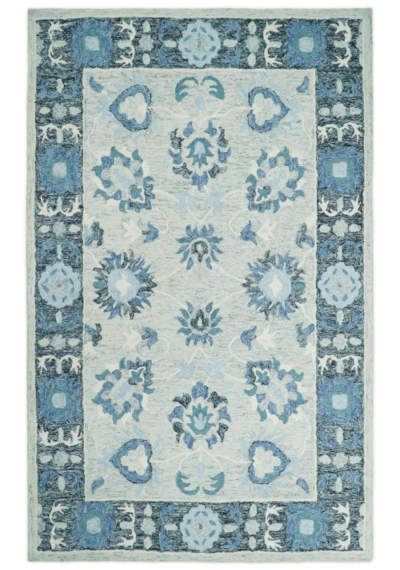 5x8 Hand Tufted Ivory and Blue Persian Style Antique Oriental Wool Area Rug | TRDMA121 - The Rug Decor