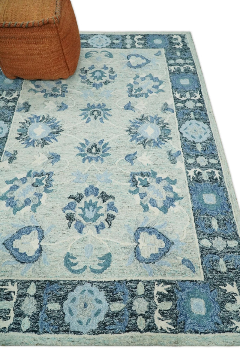 5x8 Hand Tufted Ivory and Blue Persian Style Antique Oriental Wool Area Rug | TRDMA121 - The Rug Decor
