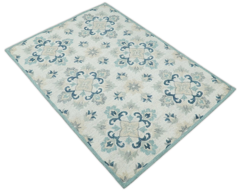 5x8 Hand Tufted White and Blue Floral Oriental Kids Wool Area Rug | TRDMA42 - The Rug Decor