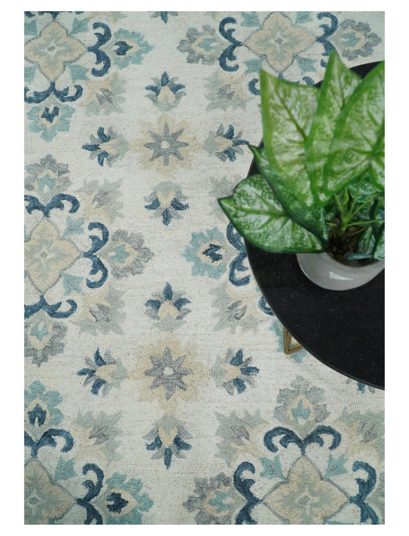 5x8 Hand Tufted White and Blue Floral Oriental Kids Wool Area Rug | TRDMA42 - The Rug Decor