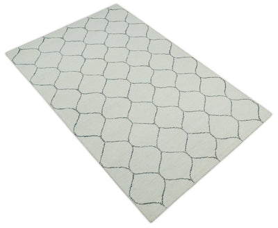 5x8 Hand Tufted White and Blue Modern Geometric Diamond Trellis Wool Area Rug | TRDMA116 - The Rug Decor