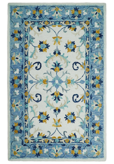5x8 Hand Tufted White and Blue Persian Style Antique Oriental Wool Area Rug | TRDMA68 - The Rug Decor