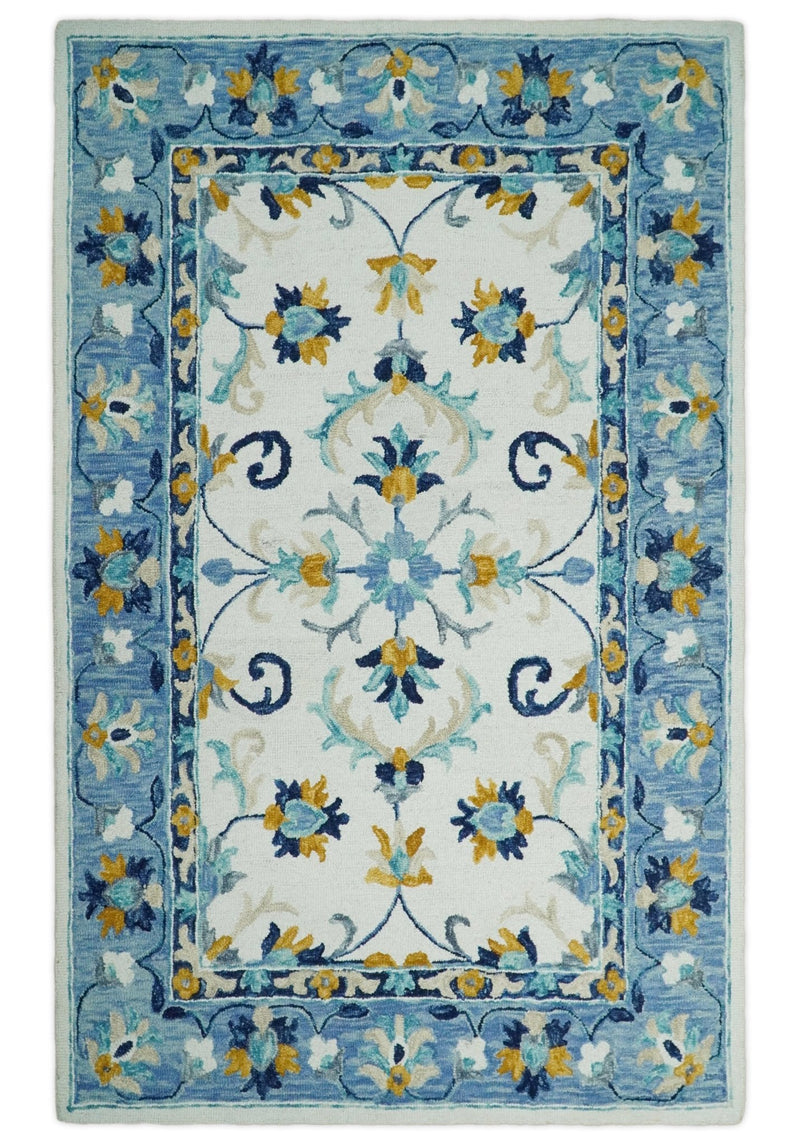 5x8 Hand Tufted White and Blue Persian Style Antique Oriental Wool Area Rug | TRDMA68 - The Rug Decor