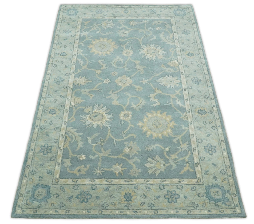 5x8 Handmade Classic Vintage Design Blue and Silver Wool Area Rug | TRDCP12158 - The Rug Decor