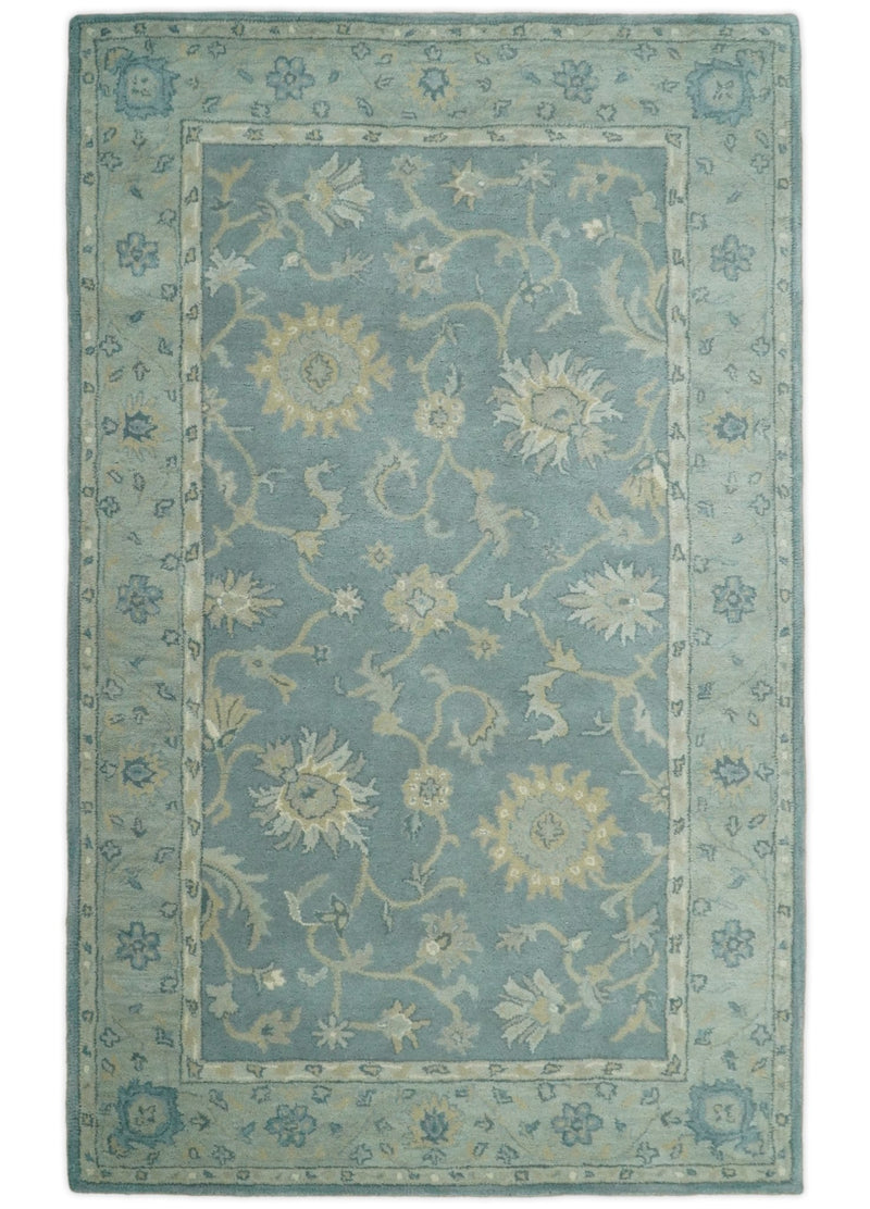 5x8 Handmade Classic Vintage Design Blue and Silver Wool Area Rug | TRDCP12158 - The Rug Decor