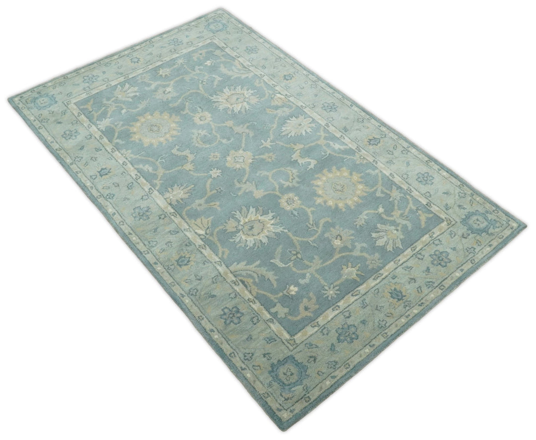 5x8 Handmade Classic Vintage Design Blue and Silver Wool Area Rug | TRDCP12158 - The Rug Decor