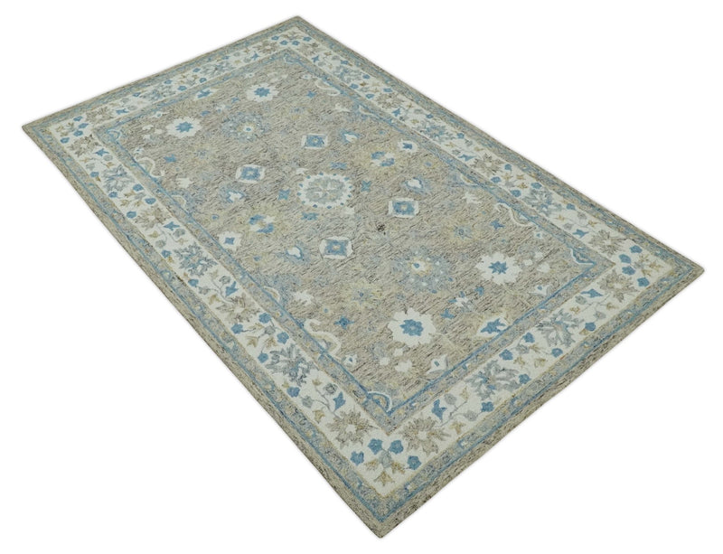 5x8 Ivory, Beige and Blue Traditional Hand Tufted Farmhouse Wool Area Rug - The Rug Decor