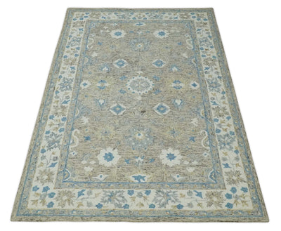 5x8 Ivory, Beige and Blue Traditional Hand Tufted Farmhouse Wool Area Rug - The Rug Decor