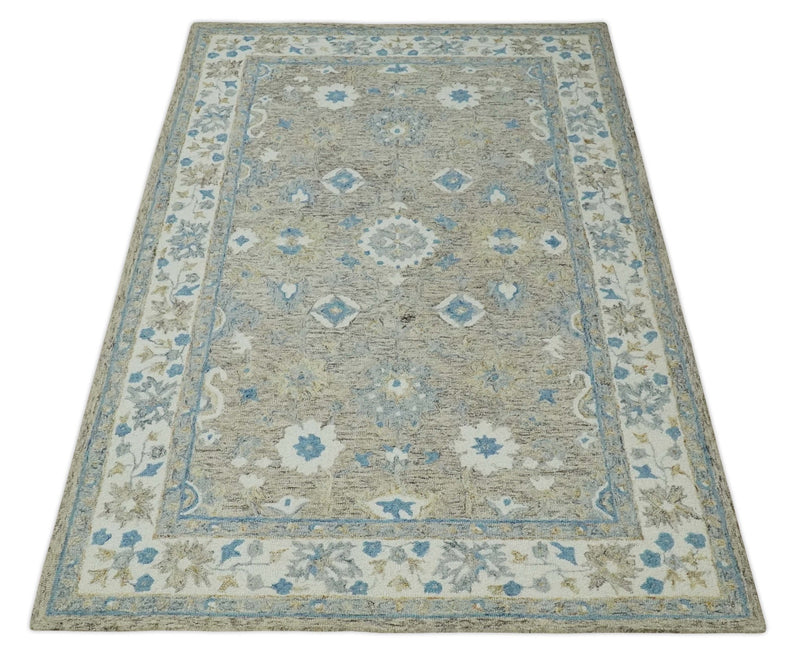 5x8 Ivory, Beige and Blue Traditional Hand Tufted Farmhouse Wool Area Rug - The Rug Decor