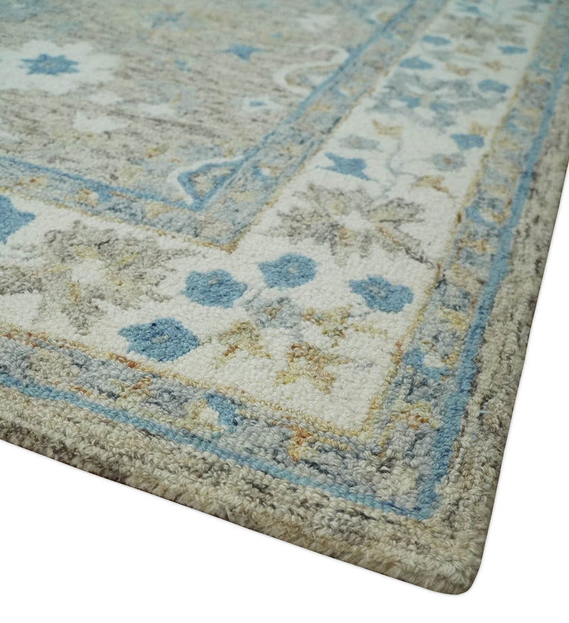 5x8 Ivory, Beige and Blue Traditional Hand Tufted Farmhouse Wool Area Rug - The Rug Decor
