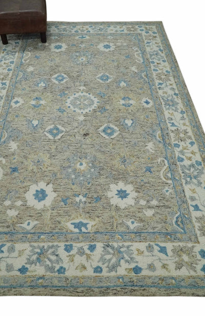 5x8 Ivory, Beige and Blue Traditional Hand Tufted Farmhouse Wool Area Rug - The Rug Decor