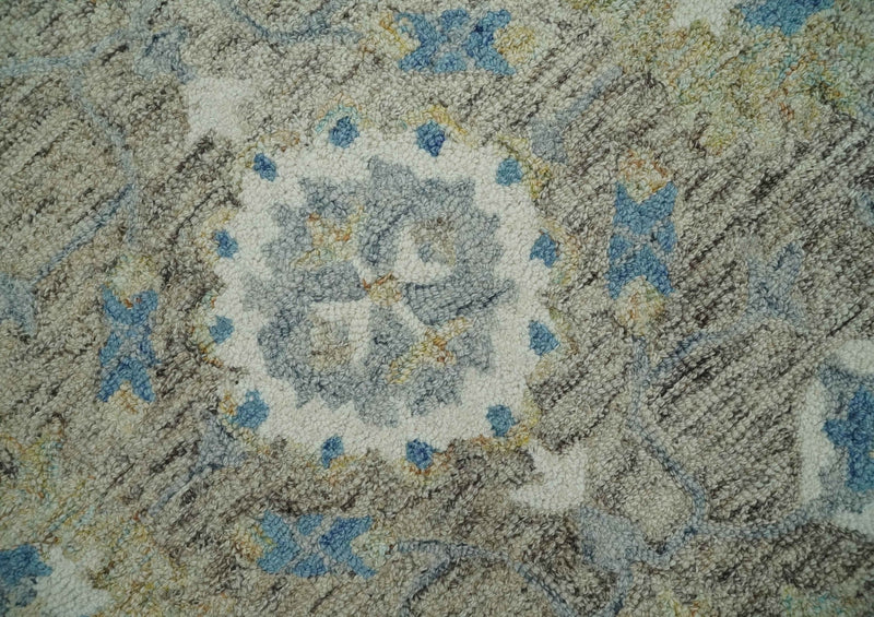 5x8 Ivory, Beige and Blue Traditional Hand Tufted Farmhouse Wool Area Rug - The Rug Decor