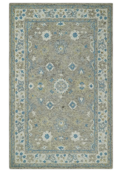 5x8 Ivory, Beige and Blue Traditional Hand Tufted Farmhouse Wool Area Rug - The Rug Decor