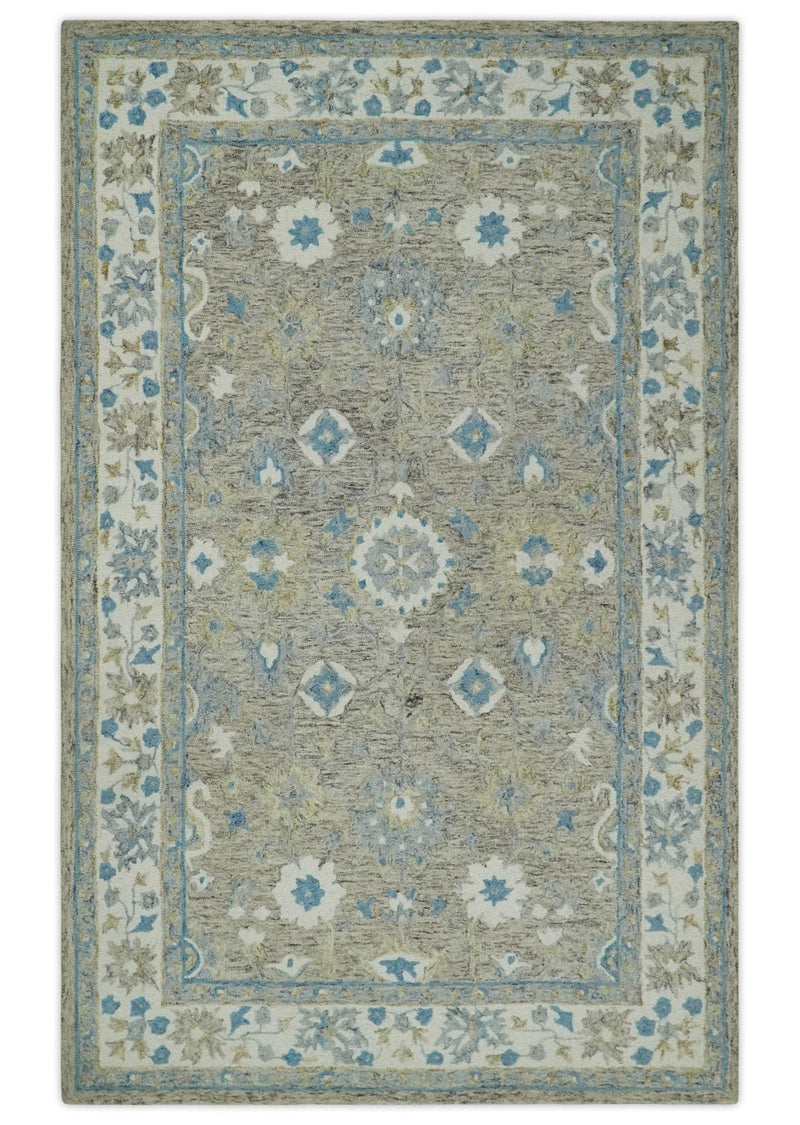 5x8 Ivory, Beige and Blue Traditional Hand Tufted Farmhouse Wool Area Rug - The Rug Decor