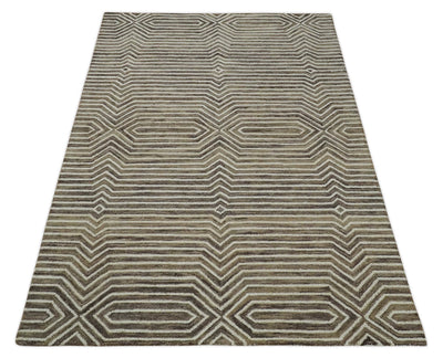 5x8 Ivory, Beige and Charcoal Stripes Hand Tufted Farmhouse Wool Area Rug - The Rug Decor