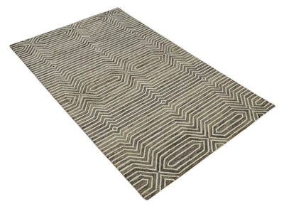 5x8 Ivory, Beige and Charcoal Stripes Hand Tufted Farmhouse Wool Area Rug - The Rug Decor