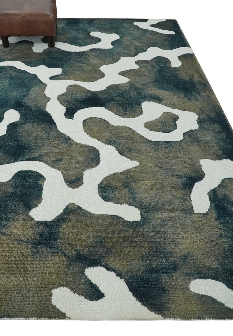 5x8 Ivory, Blue and Beige Abstract Hand Tufted Wool Area Rug - The Rug Decor