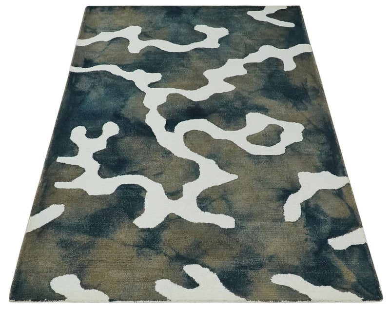 5x8 Ivory, Blue and Beige Abstract Hand Tufted Wool Area Rug - The Rug Decor