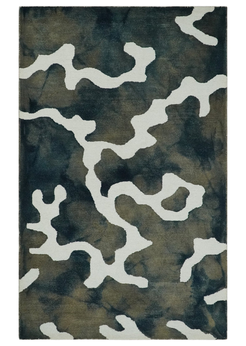 5x8 Ivory, Blue and Beige Abstract Hand Tufted Wool Area Rug - The Rug Decor