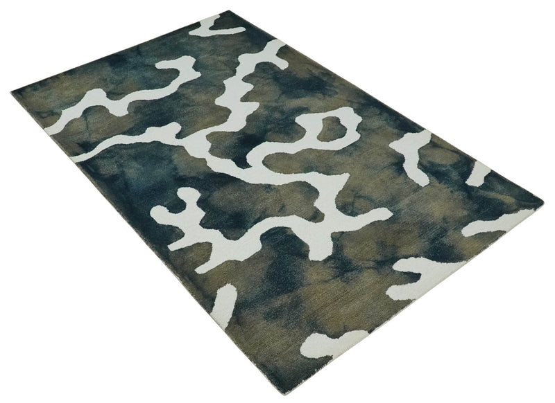 5x8 Ivory, Blue and Beige Abstract Hand Tufted Wool Area Rug - The Rug Decor