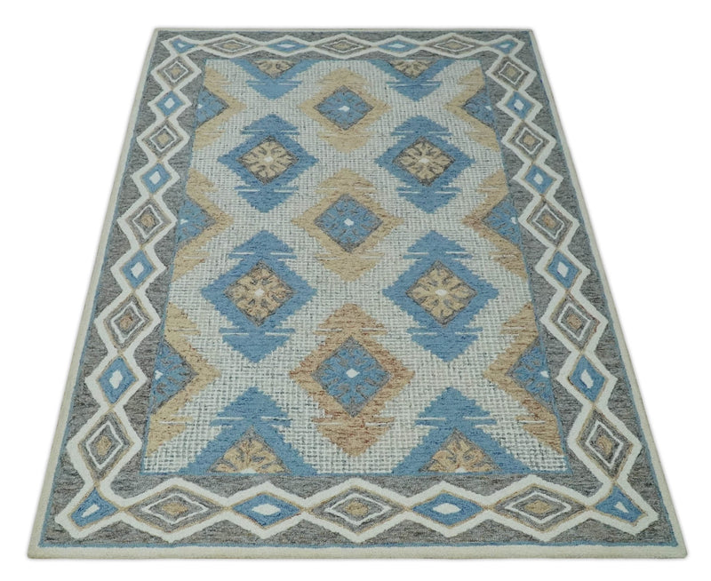5x8 Ivory, Blue and Beige Traditional Ikat design Hand Tufted Wool Area Rug - The Rug Decor