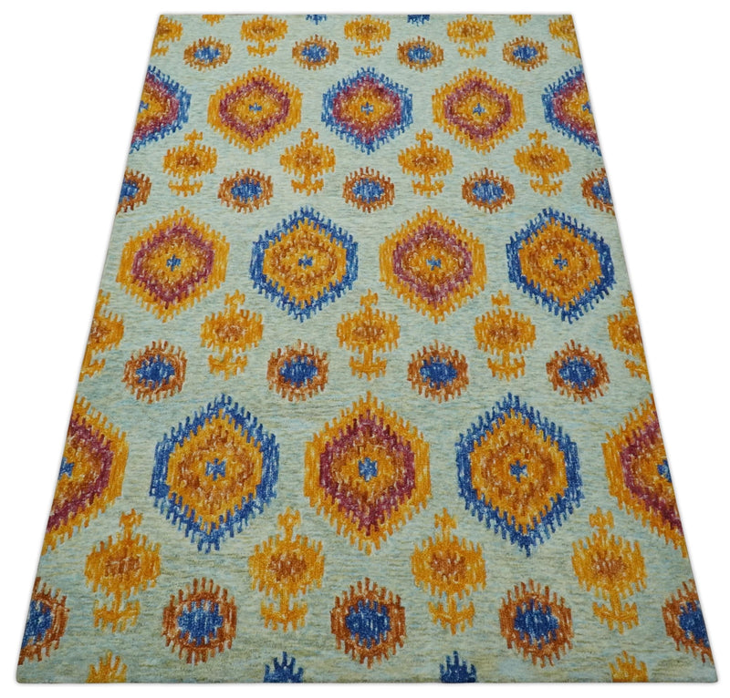 5x8 Ivory, Gold and Blue Traditional Ikat design Hand Tufted Wool Area Rug - The Rug Decor