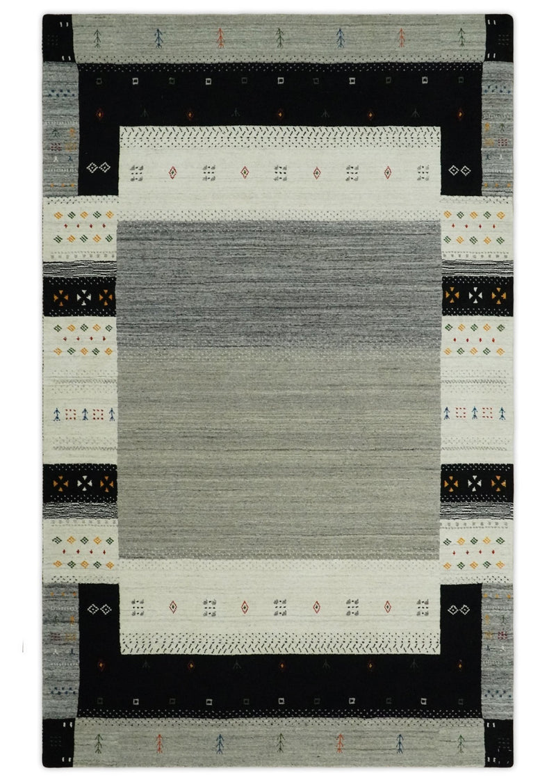 5x8 Ivory, Gray and Black Striped Wool Hand Woven Southwestern Gabbeh Rug| KNT18 - The Rug Decor