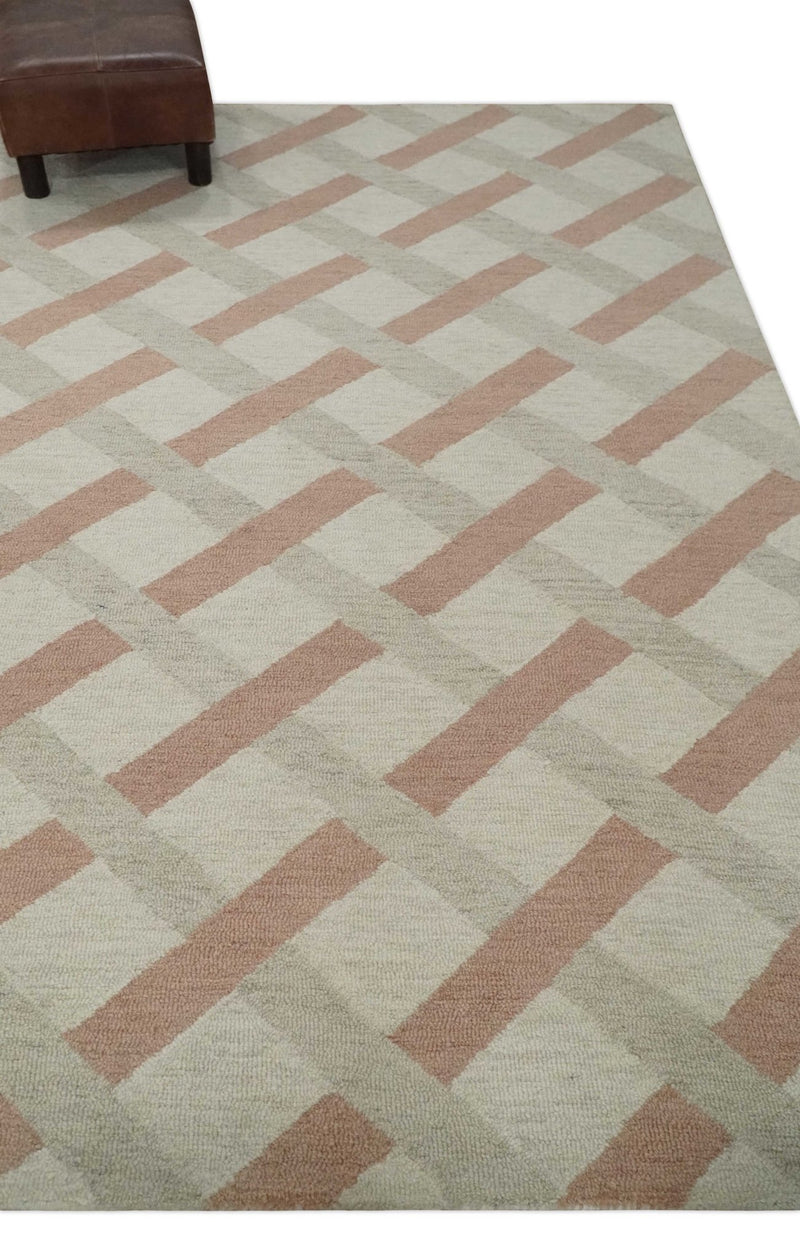 5x8 Ivory, Peach and Camel Geometrical Cross Pattern Hand Tufted Farmhouse Wool Area Rug - The Rug Decor