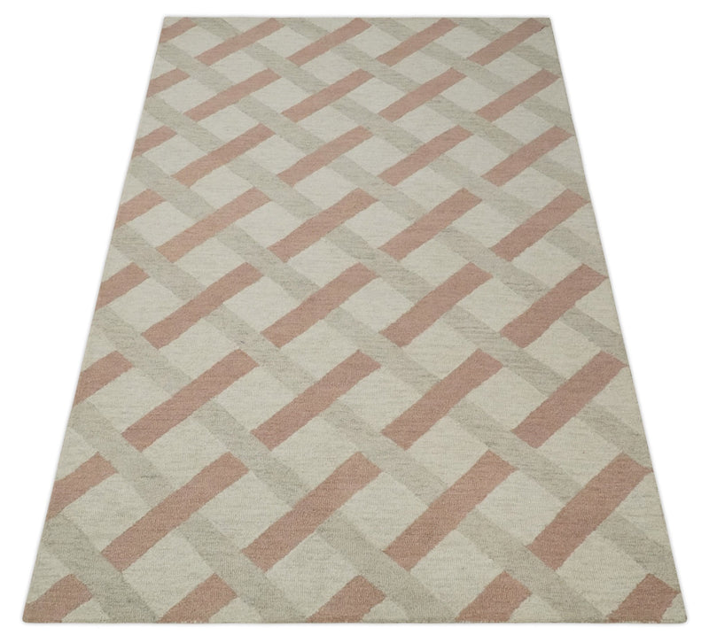 5x8 Ivory, Peach and Camel Geometrical Cross Pattern Hand Tufted Farmhouse Wool Area Rug - The Rug Decor