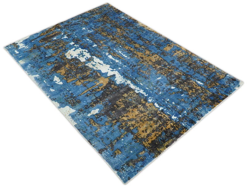 5x8 Modern Abstract Blue and Brown Rug made with Art Silk | QT3 - The Rug Decor