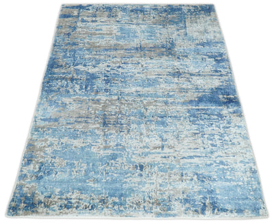 5x8 Modern Abstract Blue and Ivory Rug made with Bamboo Silk | QT12 - The Rug Decor