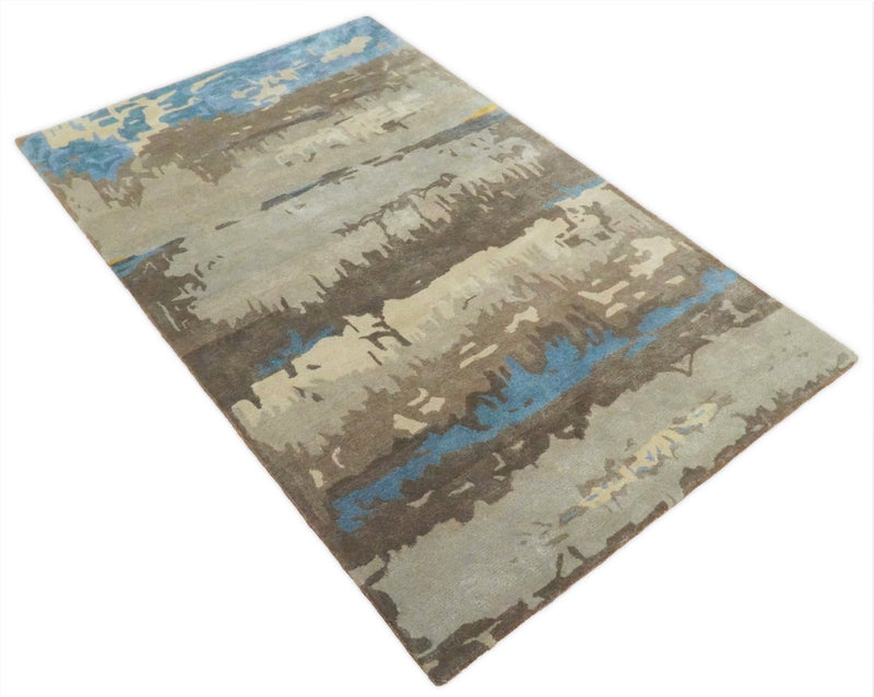5x8 Modern Abstract Handmade Brown and Blue fine Wool art silk Area Rug - The Rug Decor