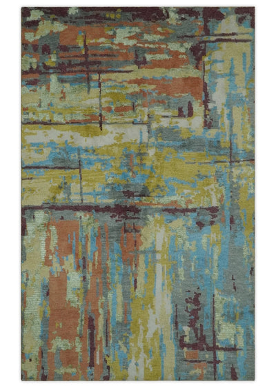 5x8 Olive, Dark Peach, Aqua and Maroon Modern Abstract Hand Knotted wool Area Rug - The Rug Decor
