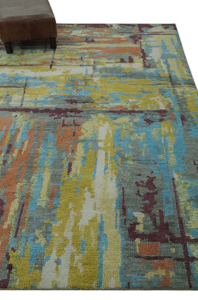 5x8 Olive, Dark Peach, Aqua and Maroon Modern Abstract Hand Knotted wool Area Rug - The Rug Decor