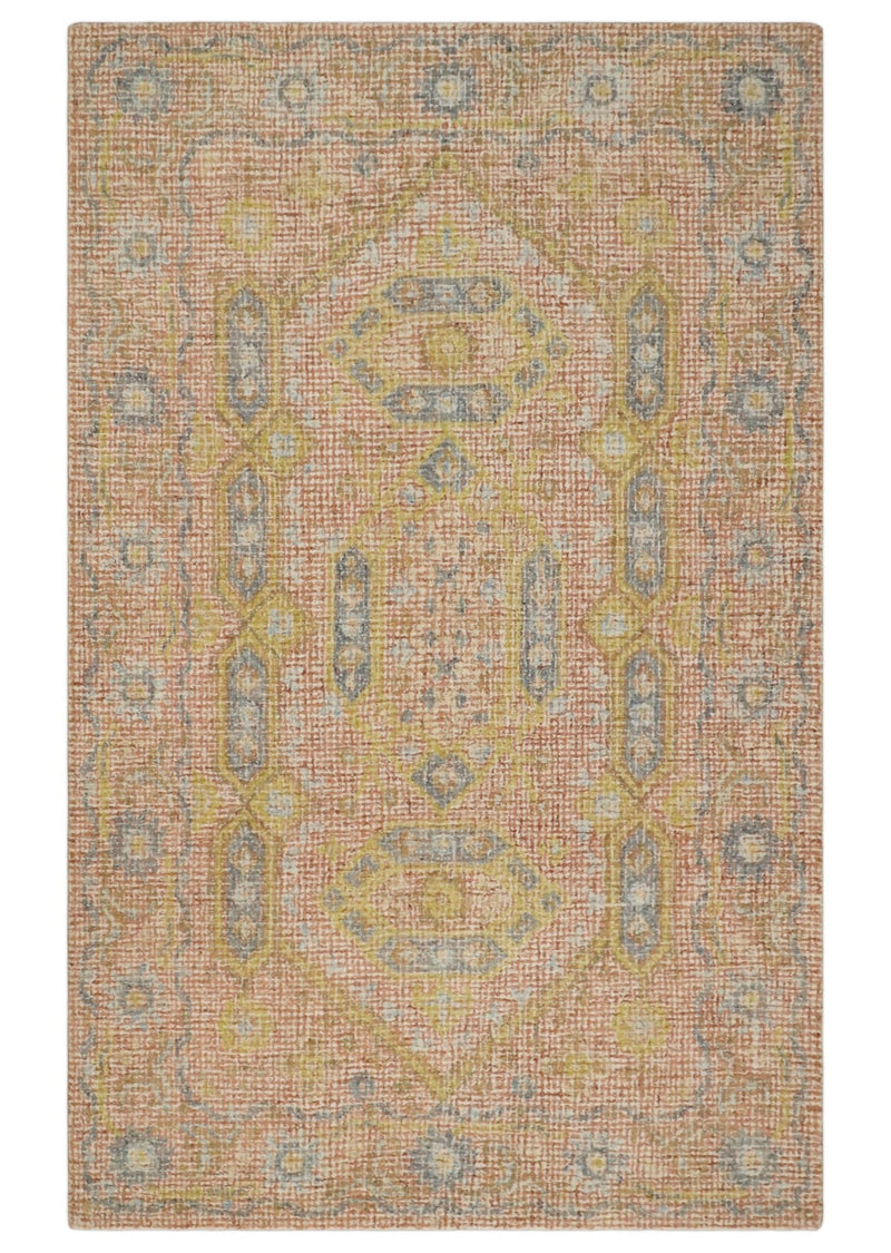 5x8 Peach, Beige and Charcoal Traditional Heriz Hand Tufted Farmhouse Wool Area Rug - The Rug Decor