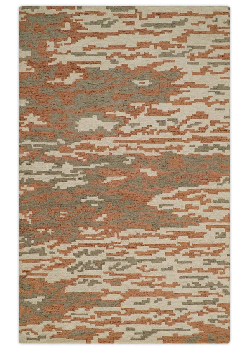 5x8 Peach, Gray and Ivory Abstract Hand Tufted Farmhouse Wool Area Rug - The Rug Decor