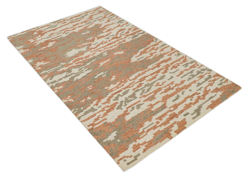 5x8 Peach, Gray and Ivory Abstract Hand Tufted Farmhouse Wool Area Rug - The Rug Decor