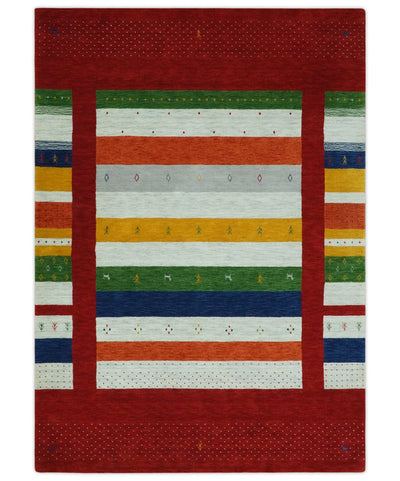 5x8 Rust and Multicolor Striped Wool Hand Woven Southwestern Lori Gabbeh Rug | KNT33 - The Rug Decor