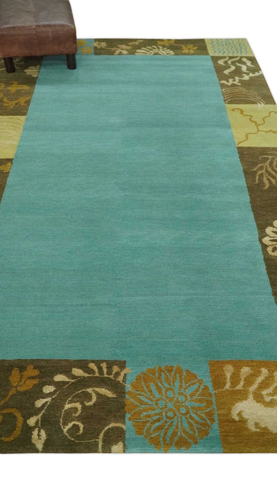 5x8 Teal, Olive and Brown Tradition Floral Boarder Hand knotted Wool and Art Silk Area Rug - The Rug Decor